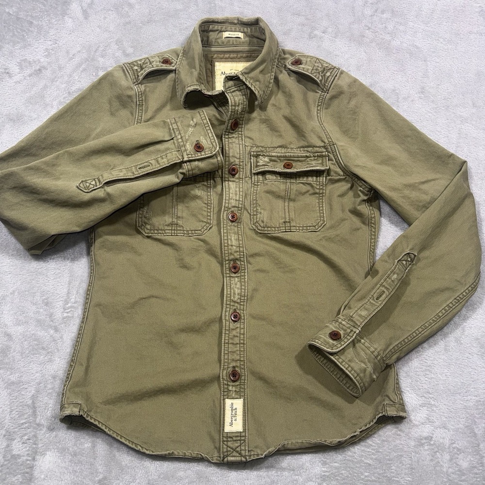 VTG Abercrombie & Fitch Muscle Button Up Mens Medium Olive Green Military